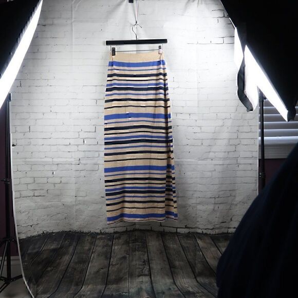 SPARROW TAN WITH BLUE STRIPE KNIT ANGORA LAMBSWOOL SWEATER MAXI SKIRT SIZE XS - Picture 6 of 6